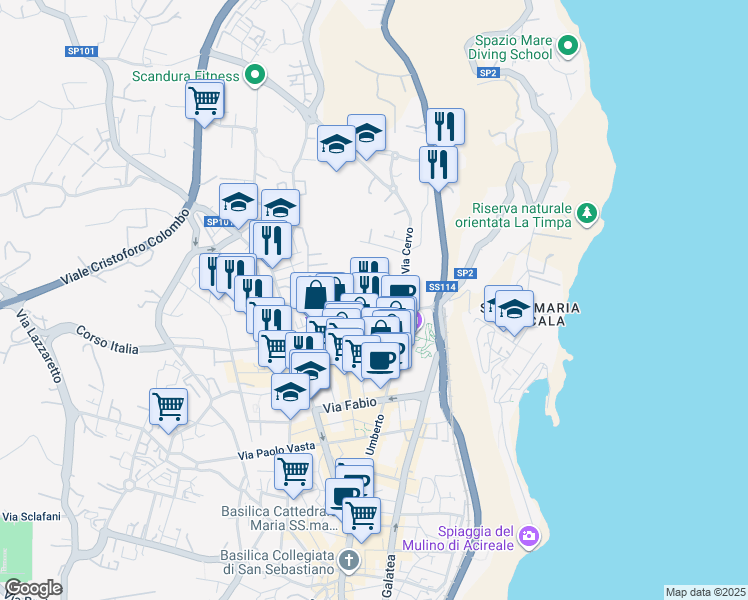 map of restaurants, bars, coffee shops, grocery stores, and more near 70 Viale Principe Amedeo in Acireale