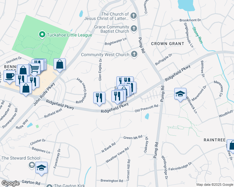 map of restaurants, bars, coffee shops, grocery stores, and more near 10470 Ridgefield Parkway in Henrico