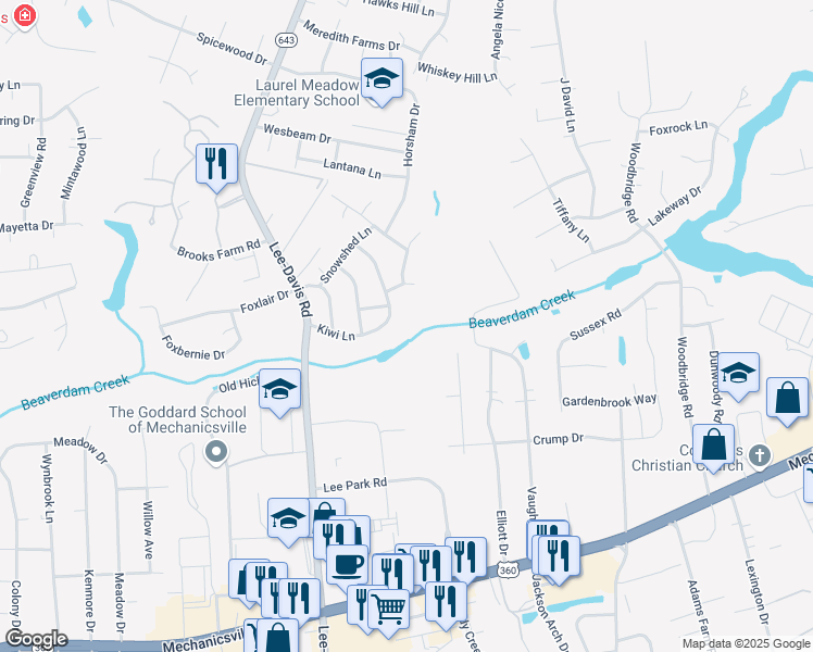 map of restaurants, bars, coffee shops, grocery stores, and more near 8090 Kiwi Lane in Mechanicsville