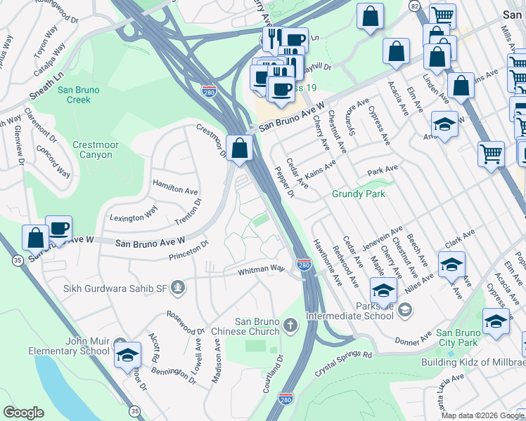 map of restaurants, bars, coffee shops, grocery stores, and more near 2315 Shelter Creek Lane in San Bruno