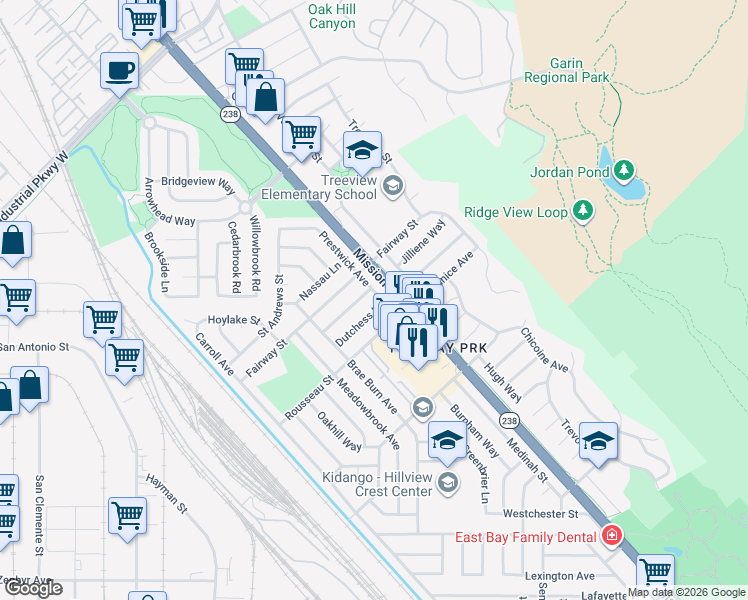 map of restaurants, bars, coffee shops, grocery stores, and more near 30713 Prestwick Avenue in Hayward