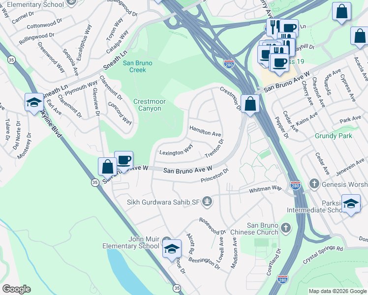 map of restaurants, bars, coffee shops, grocery stores, and more near 2299 Kingston Avenue in San Bruno