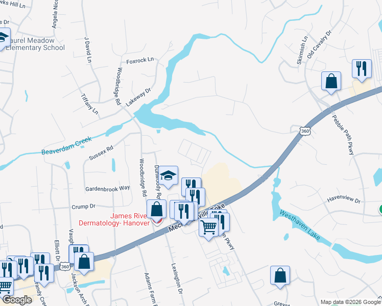 map of restaurants, bars, coffee shops, grocery stores, and more near 8047 Creekside Village Drive in Mechanicsville