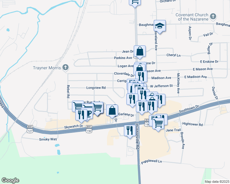 map of restaurants, bars, coffee shops, grocery stores, and more near 423 Longview Road in Danville