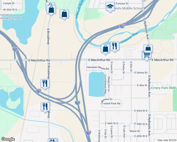 map of restaurants, bars, coffee shops, grocery stores, and more near 20 Hawaiian Beach Road in Wichita