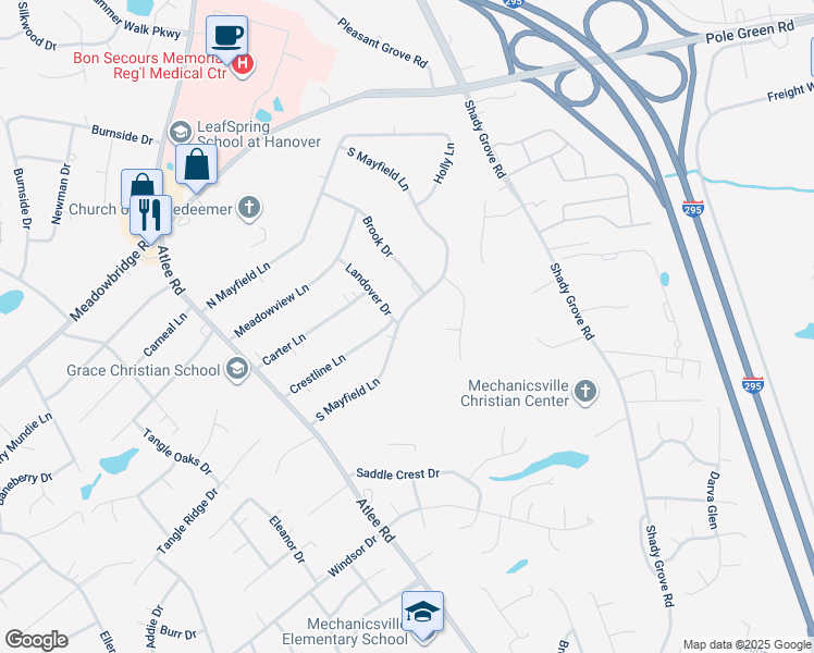 map of restaurants, bars, coffee shops, grocery stores, and more near 8106 South Mayfield Lane in Mechanicsville
