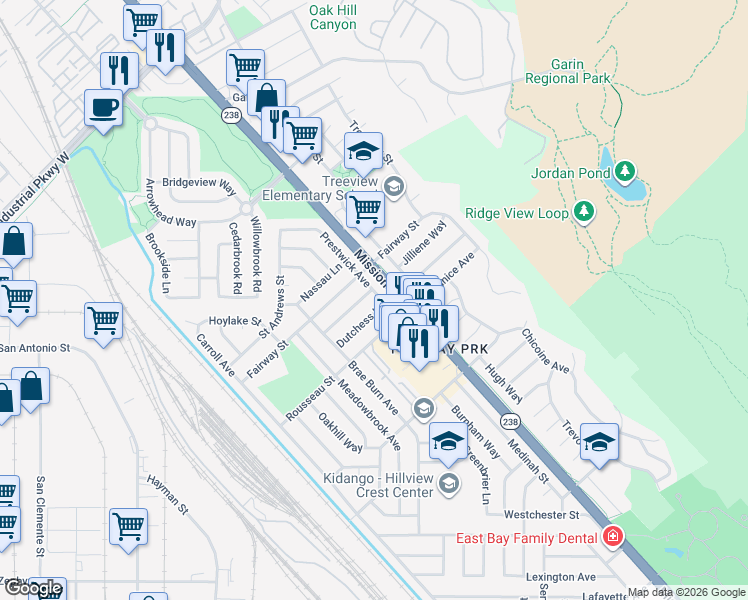 map of restaurants, bars, coffee shops, grocery stores, and more near 30713 Prestwick Avenue in Hayward