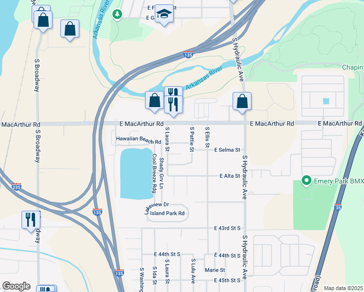 map of restaurants, bars, coffee shops, grocery stores, and more near 1305 East Selma Street in Wichita