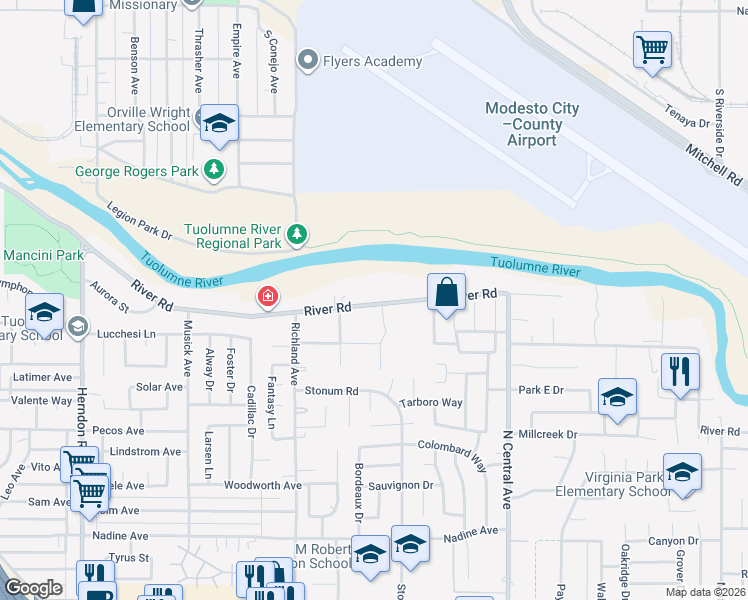 map of restaurants, bars, coffee shops, grocery stores, and more near 1825 River Road in Modesto