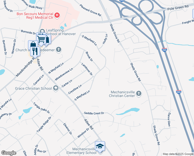 map of restaurants, bars, coffee shops, grocery stores, and more near 8106 South Mayfield Lane in Mechanicsville
