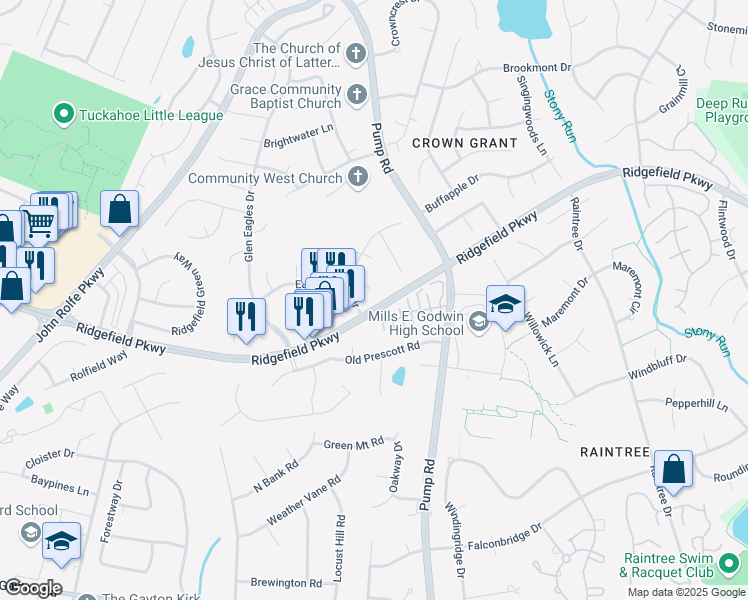 map of restaurants, bars, coffee shops, grocery stores, and more near 10301 Fraser Court in Henrico