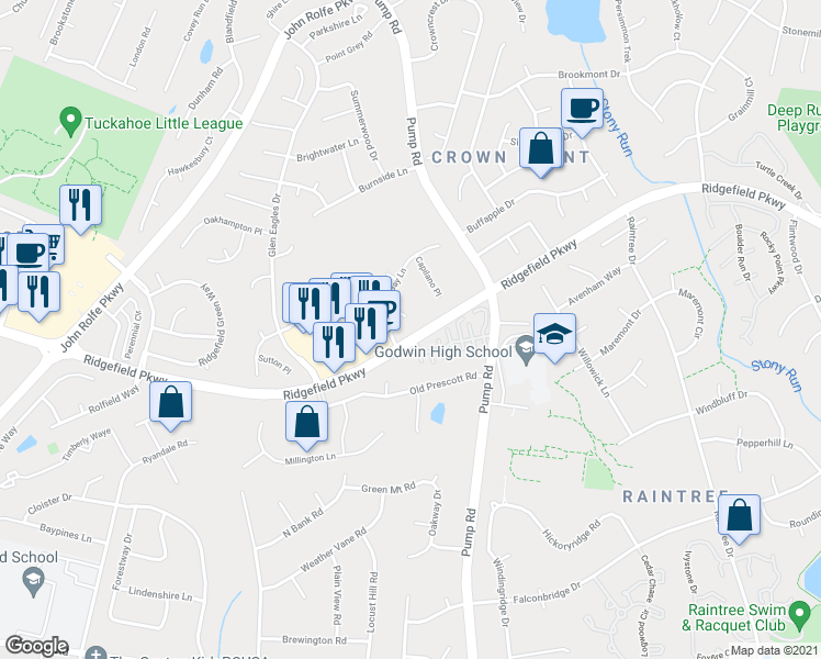 map of restaurants, bars, coffee shops, grocery stores, and more near 10301 Fraser Court in Henrico