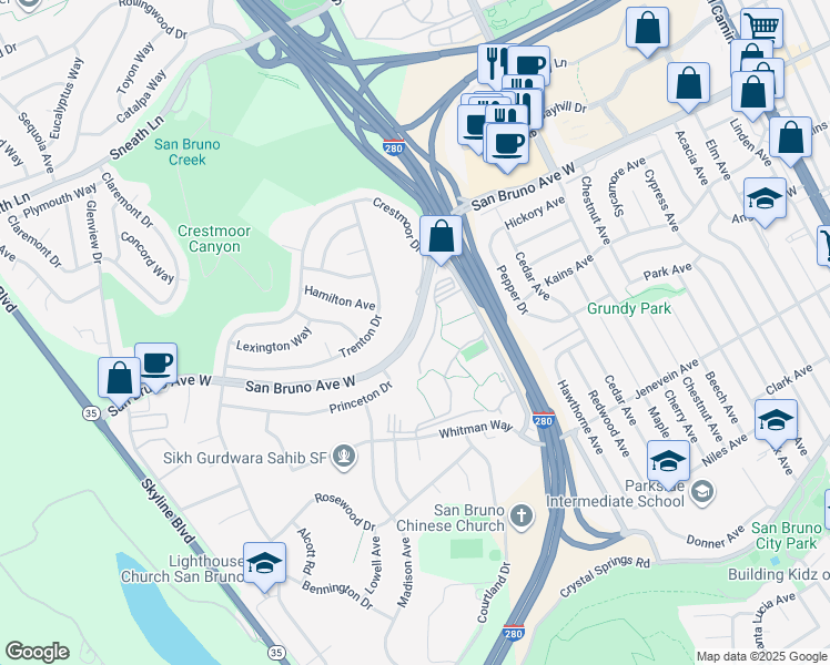 map of restaurants, bars, coffee shops, grocery stores, and more near in San Bruno