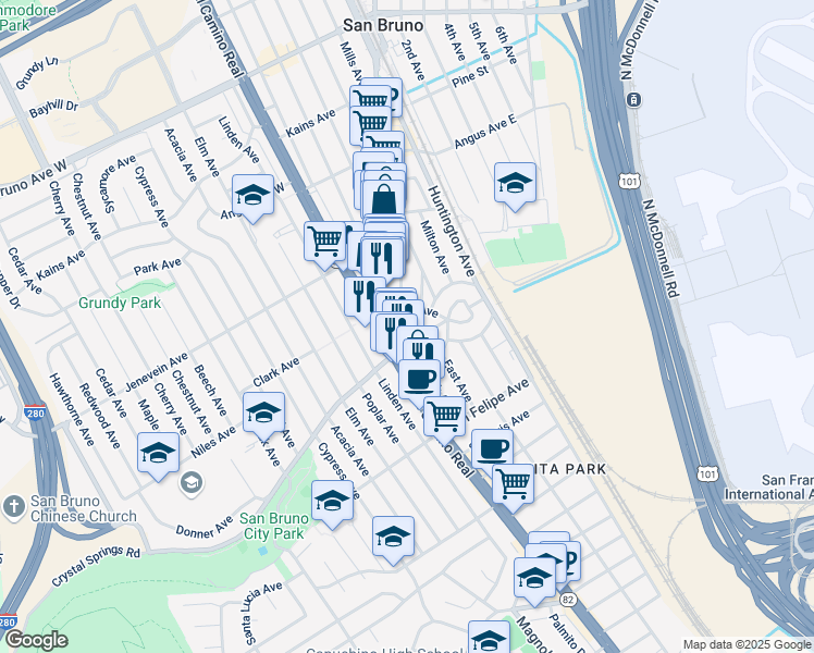 map of restaurants, bars, coffee shops, grocery stores, and more near 491 Taylor Avenue in San Bruno
