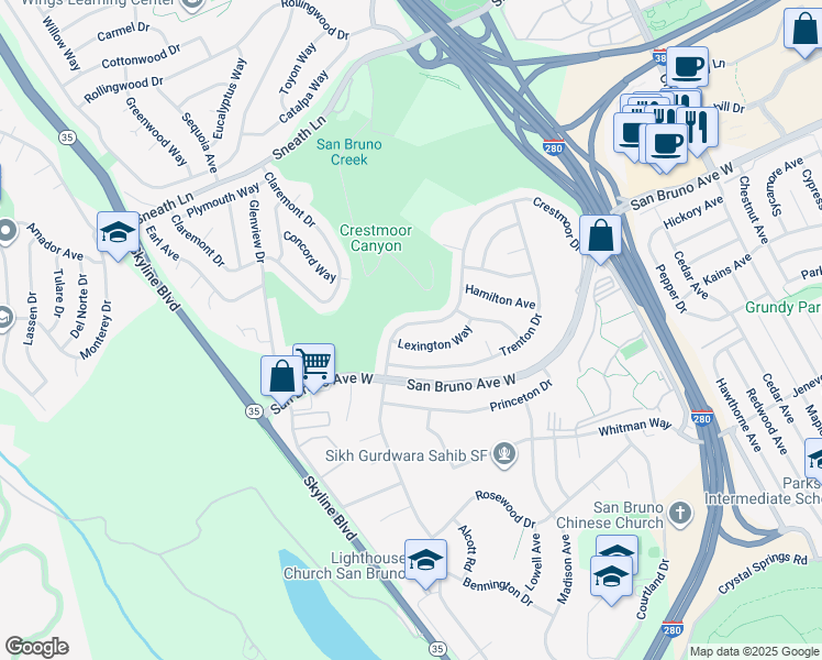 map of restaurants, bars, coffee shops, grocery stores, and more near 2555 Crestmoor Drive in San Bruno