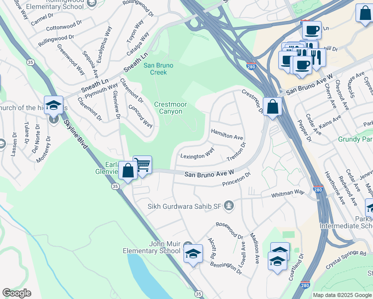map of restaurants, bars, coffee shops, grocery stores, and more near 2555 Crestmoor Drive in San Bruno