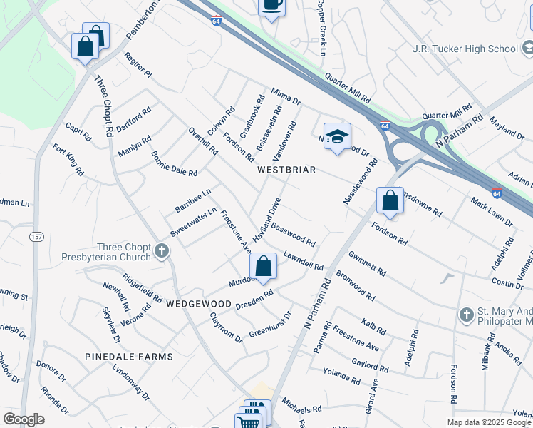 map of restaurants, bars, coffee shops, grocery stores, and more near 2106 Haviland Drive in Henrico