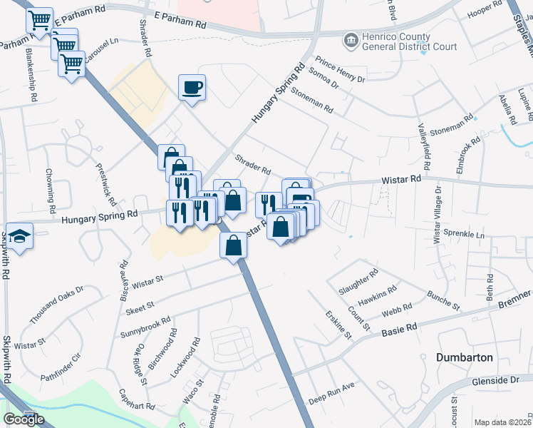 map of restaurants, bars, coffee shops, grocery stores, and more near 4724 Cardinal Road in Richmond