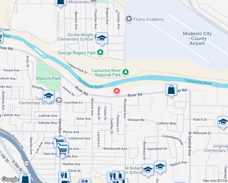 map of restaurants, bars, coffee shops, grocery stores, and more near 1633 River Road in Modesto