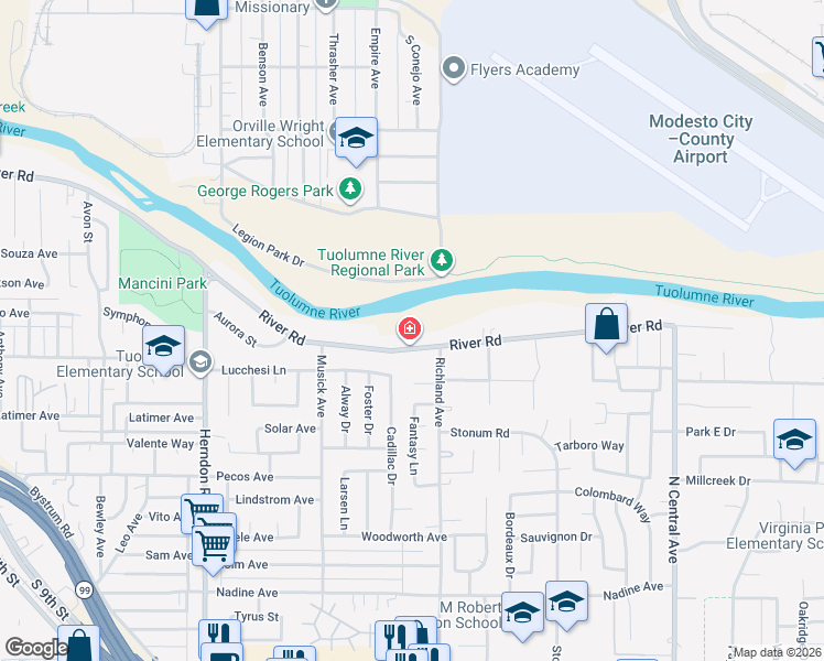map of restaurants, bars, coffee shops, grocery stores, and more near 1633 River Road in Modesto