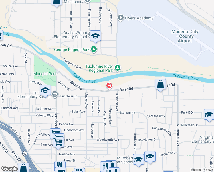 map of restaurants, bars, coffee shops, grocery stores, and more near 1633 River Road in Modesto