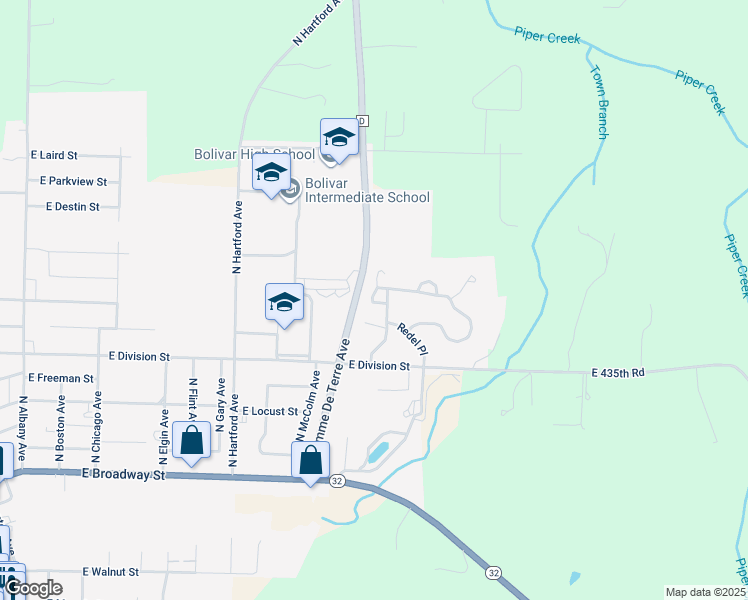 map of restaurants, bars, coffee shops, grocery stores, and more near 1885 East Thornridge Drive in Bolivar