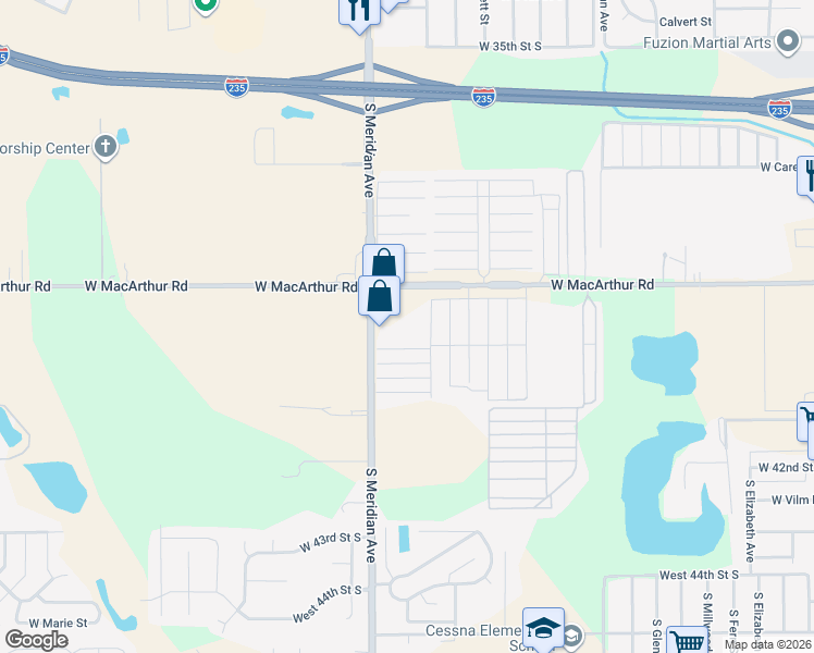 map of restaurants, bars, coffee shops, grocery stores, and more near 4020 S Meridian Ave in Wichita