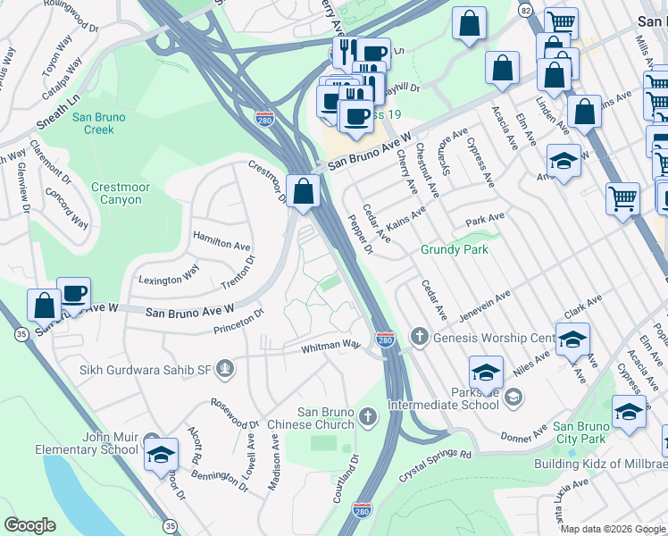 map of restaurants, bars, coffee shops, grocery stores, and more near 2316 Shelter Creek Lane in San Bruno