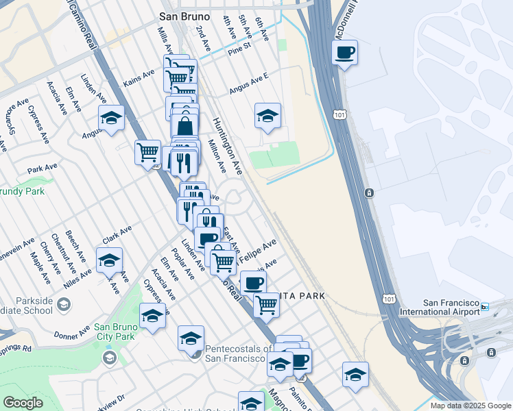 map of restaurants, bars, coffee shops, grocery stores, and more near 295 Huntington Avenue in San Bruno
