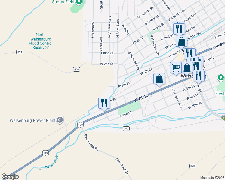 map of restaurants, bars, coffee shops, grocery stores, and more near 700-722 W 5th St in Walsenburg