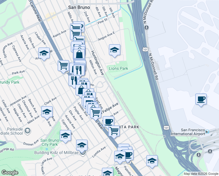 map of restaurants, bars, coffee shops, grocery stores, and more near 295 Huntington Avenue in San Bruno
