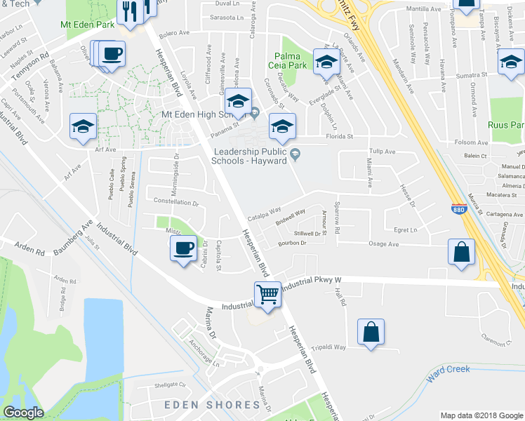 map of restaurants, bars, coffee shops, grocery stores, and more near 2417 Catalpa Way in Hayward
