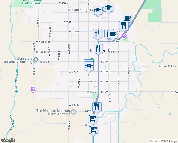 map of restaurants, bars, coffee shops, grocery stores, and more near 98 West 300 South in Blanding
