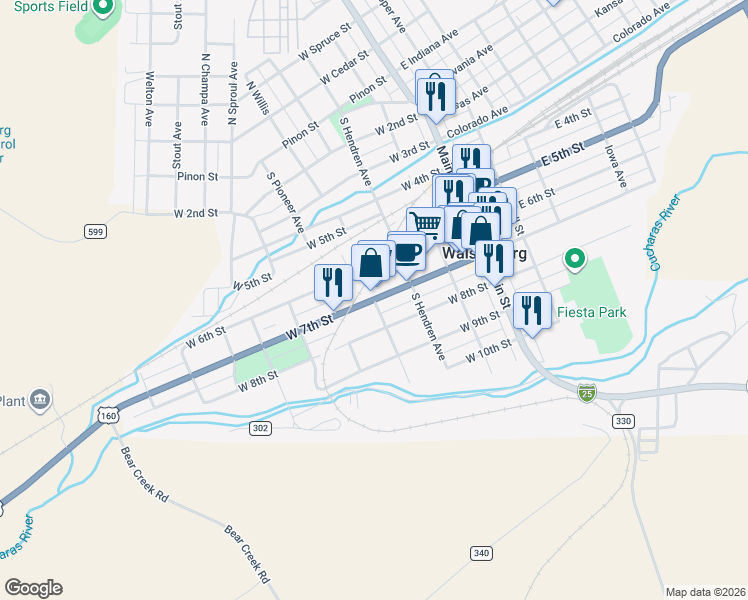 map of restaurants, bars, coffee shops, grocery stores, and more near 698 South Willis Avenue in Walsenburg