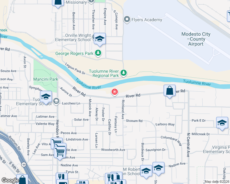 map of restaurants, bars, coffee shops, grocery stores, and more near 1633 River Road in Modesto