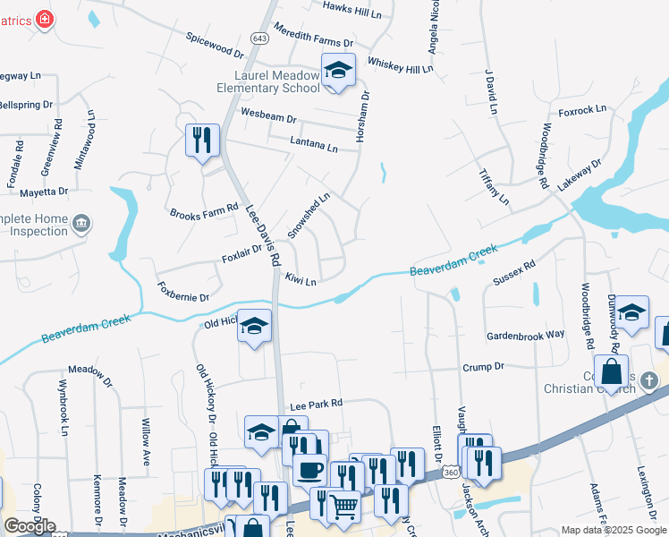 map of restaurants, bars, coffee shops, grocery stores, and more near 8091 Kiwi Lane in Mechanicsville