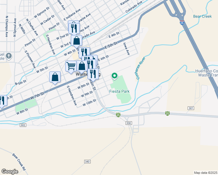 map of restaurants, bars, coffee shops, grocery stores, and more near 801 Russell Street in Walsenburg