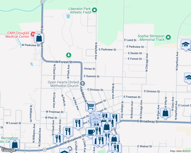 map of restaurants, bars, coffee shops, grocery stores, and more near 899 N Market Ave in Bolivar