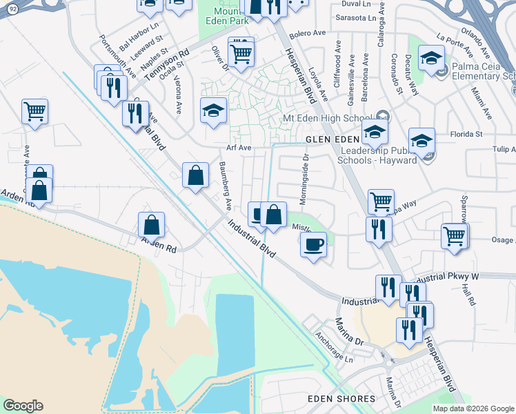map of restaurants, bars, coffee shops, grocery stores, and more near 27949 Pueblo Serena in Hayward