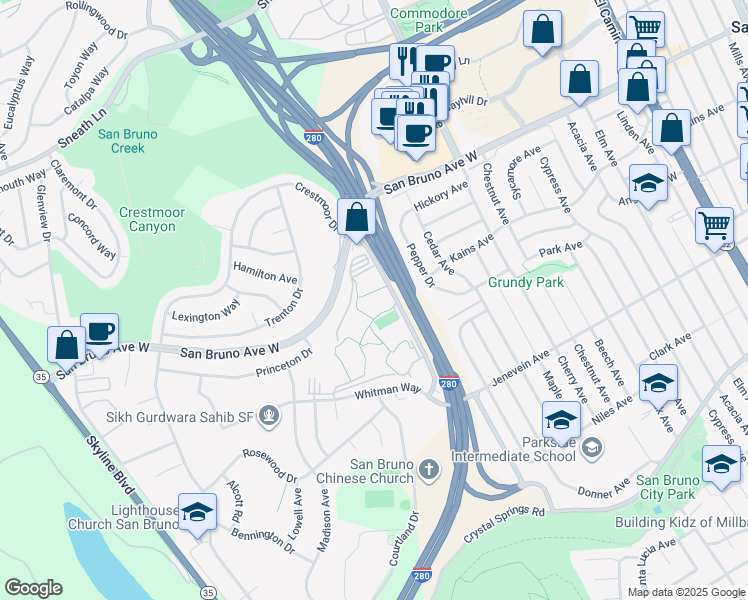 map of restaurants, bars, coffee shops, grocery stores, and more near 2140 Shelter Creek Lane in San Bruno