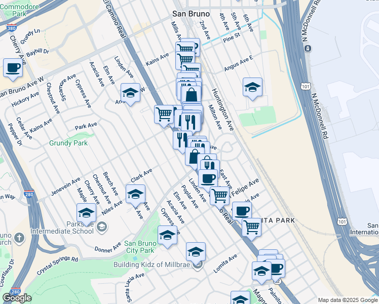 map of restaurants, bars, coffee shops, grocery stores, and more near 491 Taylor Avenue in San Bruno