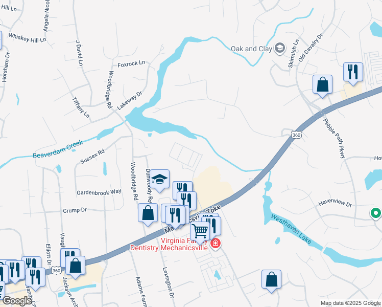 map of restaurants, bars, coffee shops, grocery stores, and more near 8047 Creekside Village Drive in Mechanicsville