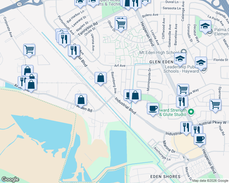 map of restaurants, bars, coffee shops, grocery stores, and more near 27750 Industrial Boulevard in Hayward