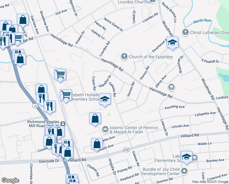 map of restaurants, bars, coffee shops, grocery stores, and more near 7911 Galaxie Road in Henrico
