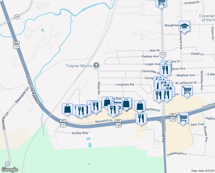 map of restaurants, bars, coffee shops, grocery stores, and more near 629 Longview Road in Danville