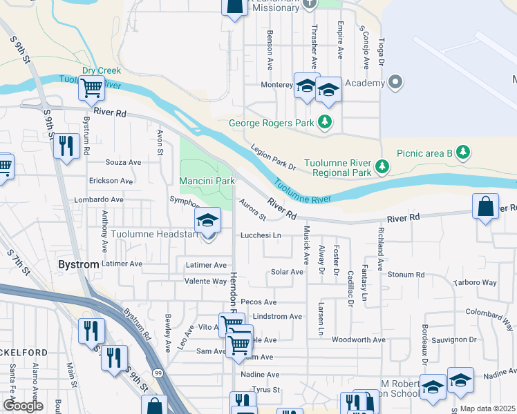map of restaurants, bars, coffee shops, grocery stores, and more near 1348 River Road in Modesto
