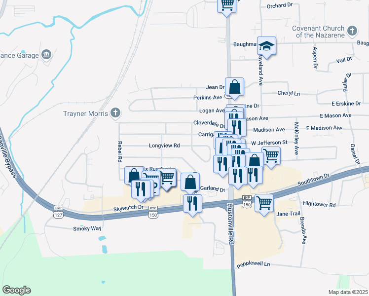 map of restaurants, bars, coffee shops, grocery stores, and more near 504 Longview Road in Danville