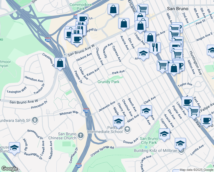 map of restaurants, bars, coffee shops, grocery stores, and more near 565 Cherry Avenue in San Bruno