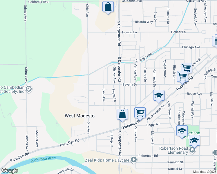 map of restaurants, bars, coffee shops, grocery stores, and more near 1612 Beverly Drive in Modesto