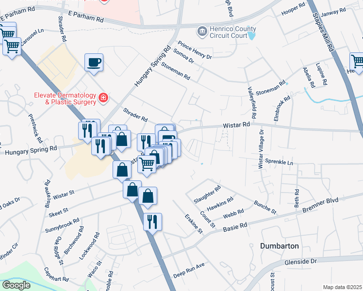 map of restaurants, bars, coffee shops, grocery stores, and more near 4646 Wistar Creek Drive in Henrico